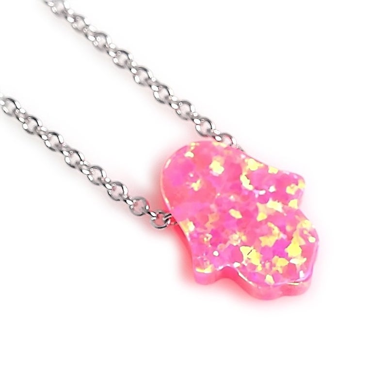Kaletine Hamsa Hand of Fatima Necklace Sterling Silver Pink Synthetic Opal Pendant 11x13mm Cable Chain 16"/17"/18" - Image 1